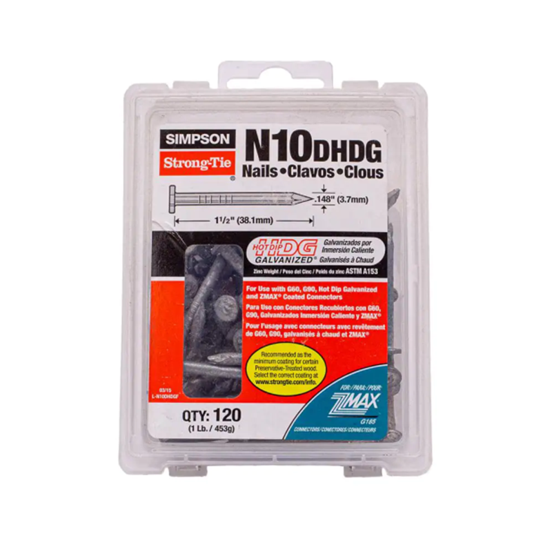 A clear plastic container houses 120 Simpson Strong-Drive SCN nails, each measuring 1-1/2 in. x 0.148 in., compliant with ASTM F1667. The label features the Simpson Strong-Tie brand, with nail specifics and coating emphasized by a bold red and black design.